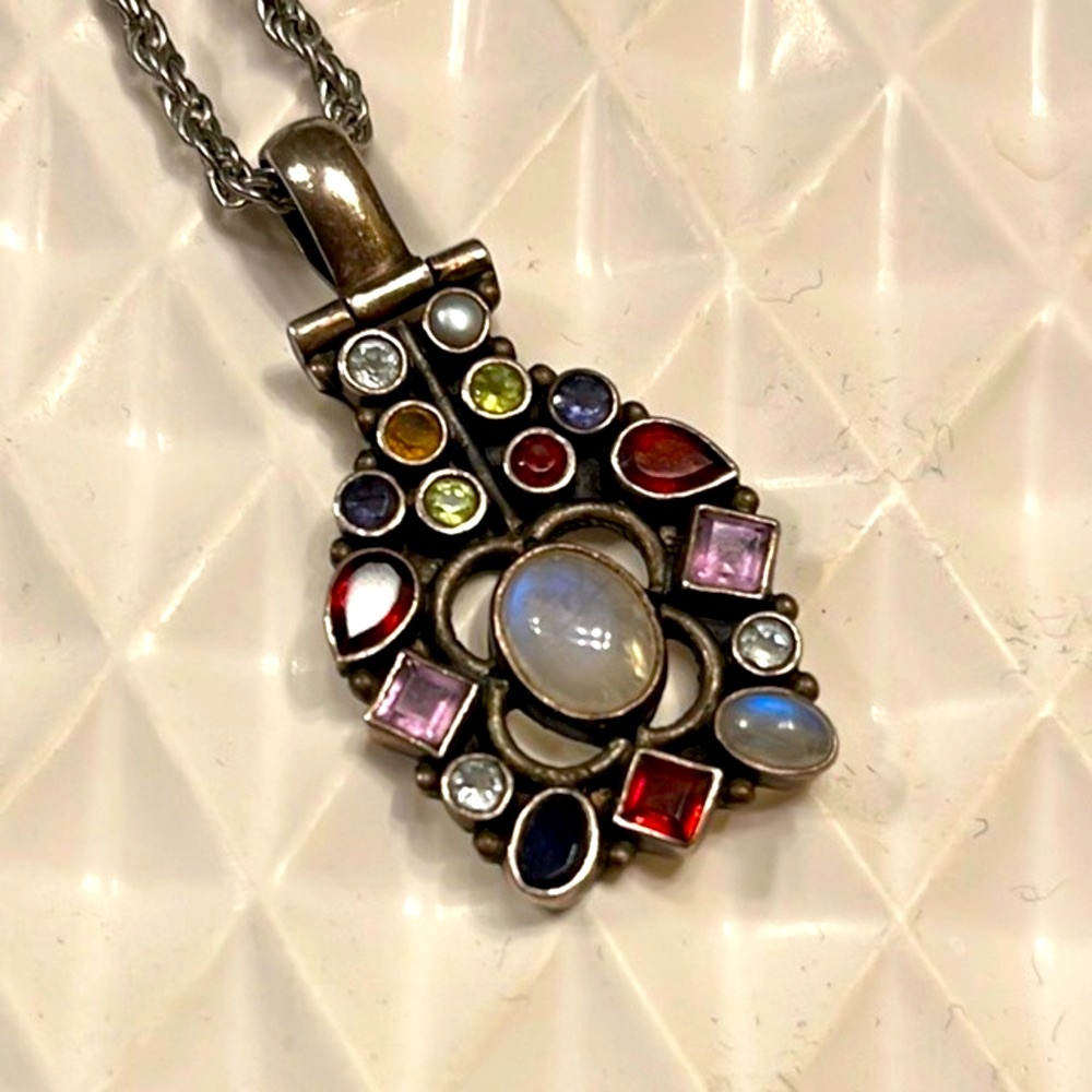 Sterling Silver Multi-Gemstone Pendant Moonstone Amethyst Garnet Peridot Boho - Picture 1 of 2
